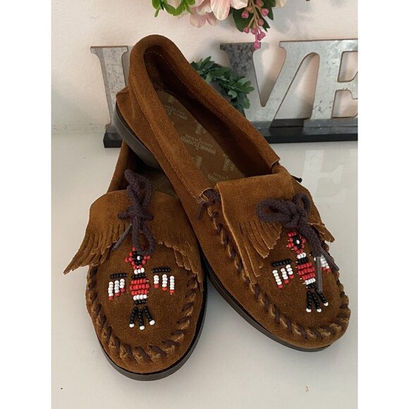 Minnetonka Women's Leather Moccasin W/ Thunderbird Beading Shoes Flats Sz 6 NWOB - Picture 15 of 16